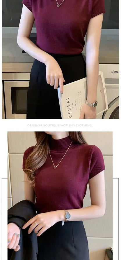 Womens Tops And Blouses Summer Short Sleeve Blouse Women Blusas Mujer De Moda 2023 Turtleneck Knitted Blouse Shirt Tops