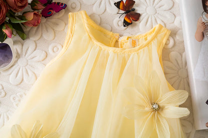 Toddler Girl Princess Dress Pink Flower Decorated Sleeveless Gauze Dress Elegant Girl Wedding Party Dress for Party