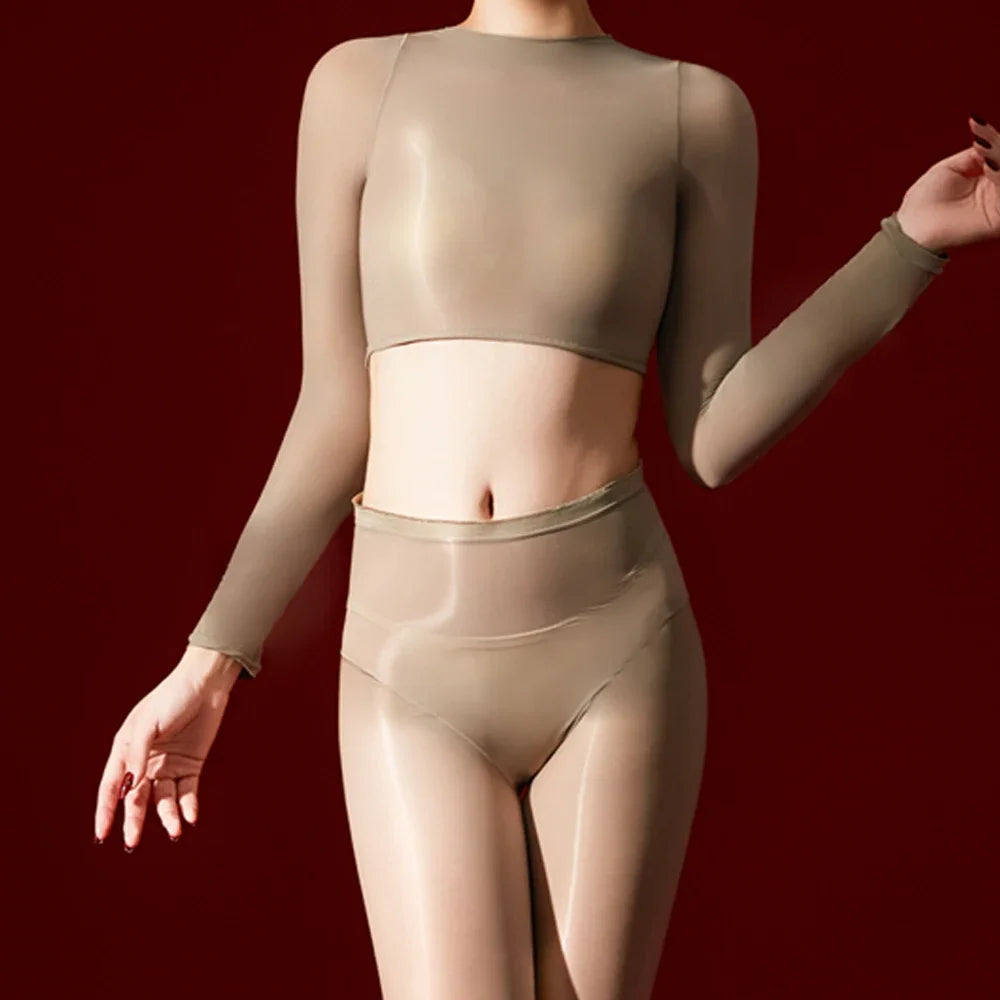 Women's 5D Ultrathin Crop Tops Elastic Shaping Oil Shiny Sheer See Through T-shirts Woman Clothing Summer Shirts Yoga Tops