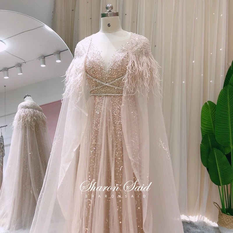 Sharon Said Dubai Luxury Silver Grey Evening Dresses with Feather Cape Shawl Arabic Women Wedding Party Formal Prom Dress SS147