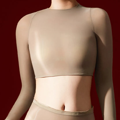 Sexy Women 5D 912 Pin Glove Sleeve Short Top Elastic T-shirt Sheer See Through Maid Tights Oil Glossy Shiny Crop Tops Yoga Wear