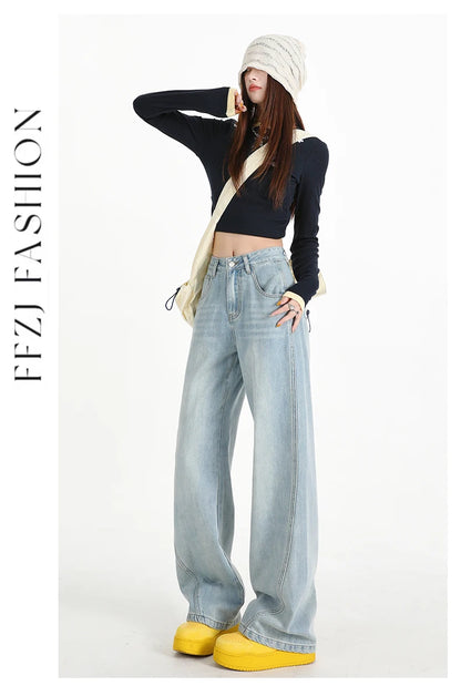 Woman Jeans High Waist Wide Leg Cotton Denim Clothing Design Sense Straight Pant Fashion Comfort White Retro Blue Casual Trouser