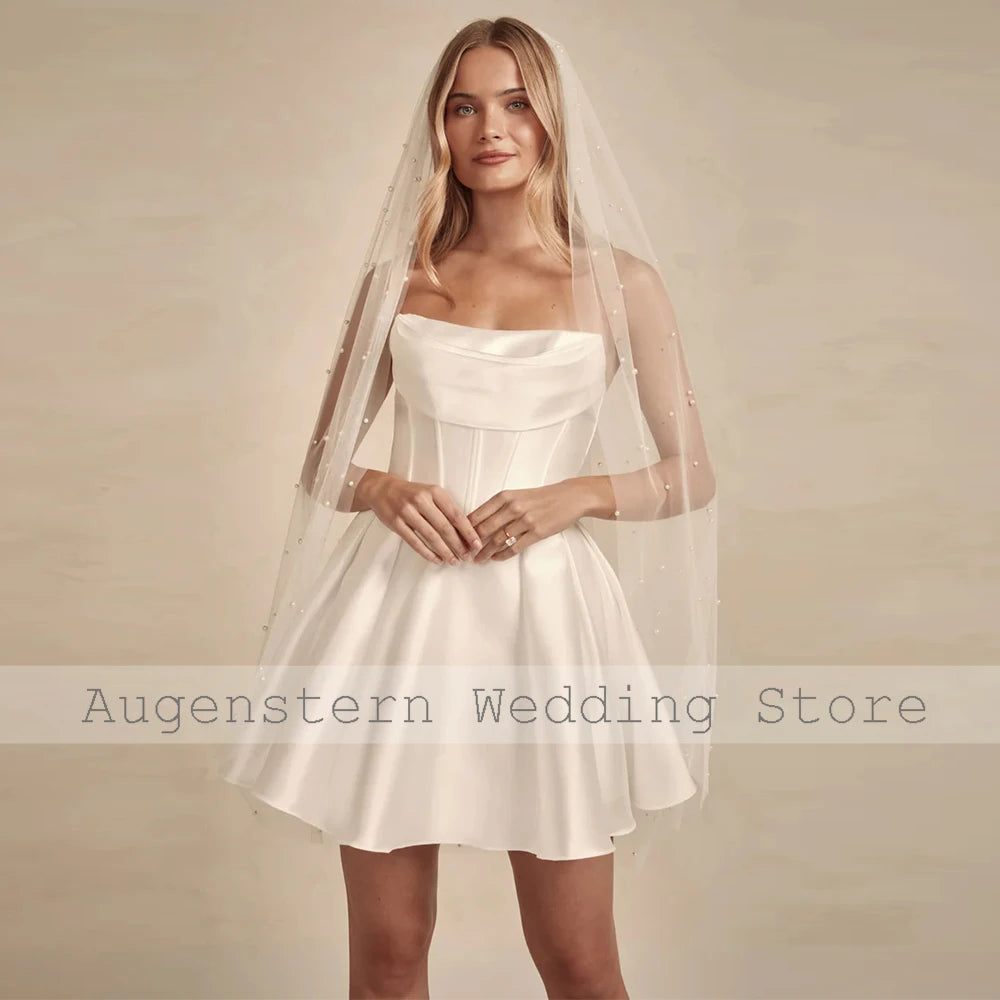 Modern Women's Wedding Dresses Mini 2025 Satin A-line Bride Gowns for Women Ivory Strapless Ruched Pleat Wedding Party Dresses