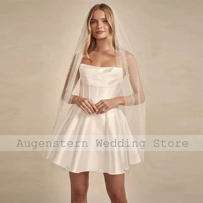 Modern Women's Wedding Dresses Mini 2025 Satin A-line Bride Gowns for Women Ivory Strapless Ruched Pleat Wedding Party Dresses