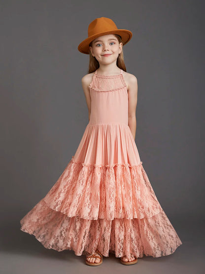 Plus Size Princess Girls Lace Long Dresses Baby Kids Flower Wedding Christmas Party Vestidos Children Clothing For 3-15 Years