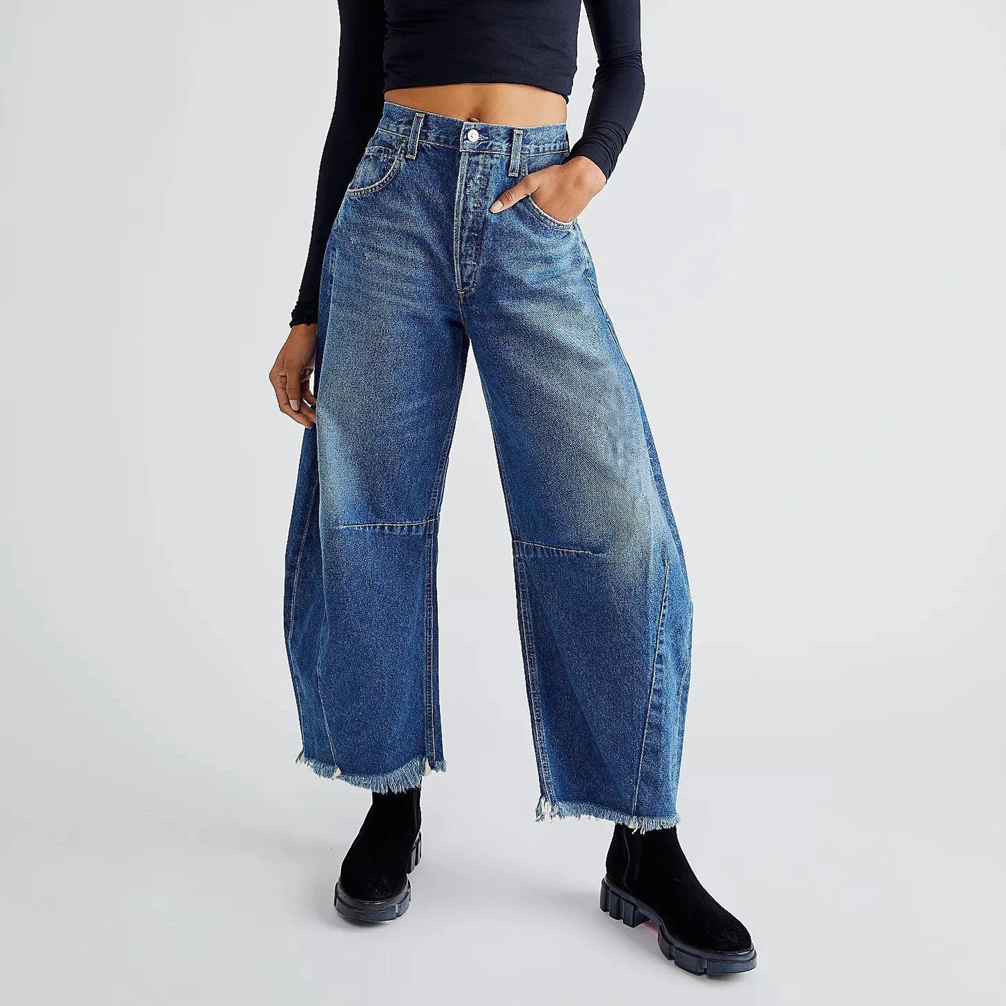 Women High Waist Wide Leg Jeans Casual Distressed Stretch High Rise Baggy Loose Boyfriends Denim Pants Trendy 2025 with Raw Hem