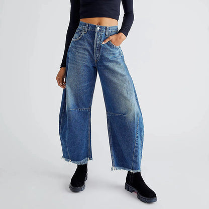 Women High Waist Wide Leg Jeans Casual Distressed Stretch High Rise Baggy Loose Boyfriends Denim Pants Trendy 2025 with Raw Hem