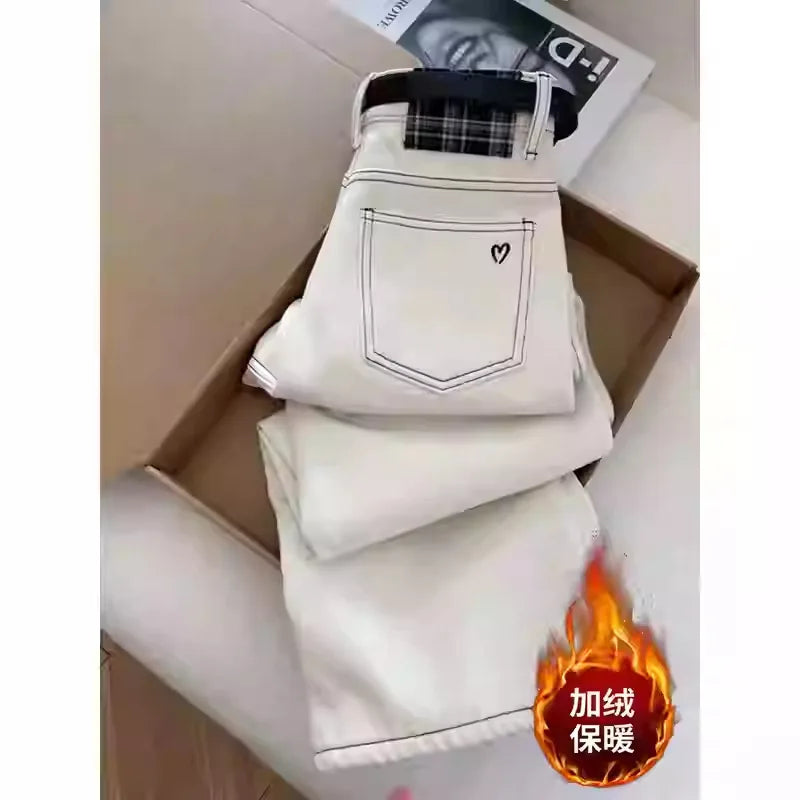 2025 Women's White Jeans High Waist Heart Embroidery Denim Pants Belted Casual Slim Fit Female Fashion Trousers