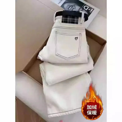 2025 Women's White Jeans High Waist Heart Embroidery Denim Pants Belted Casual Slim Fit Female Fashion Trousers