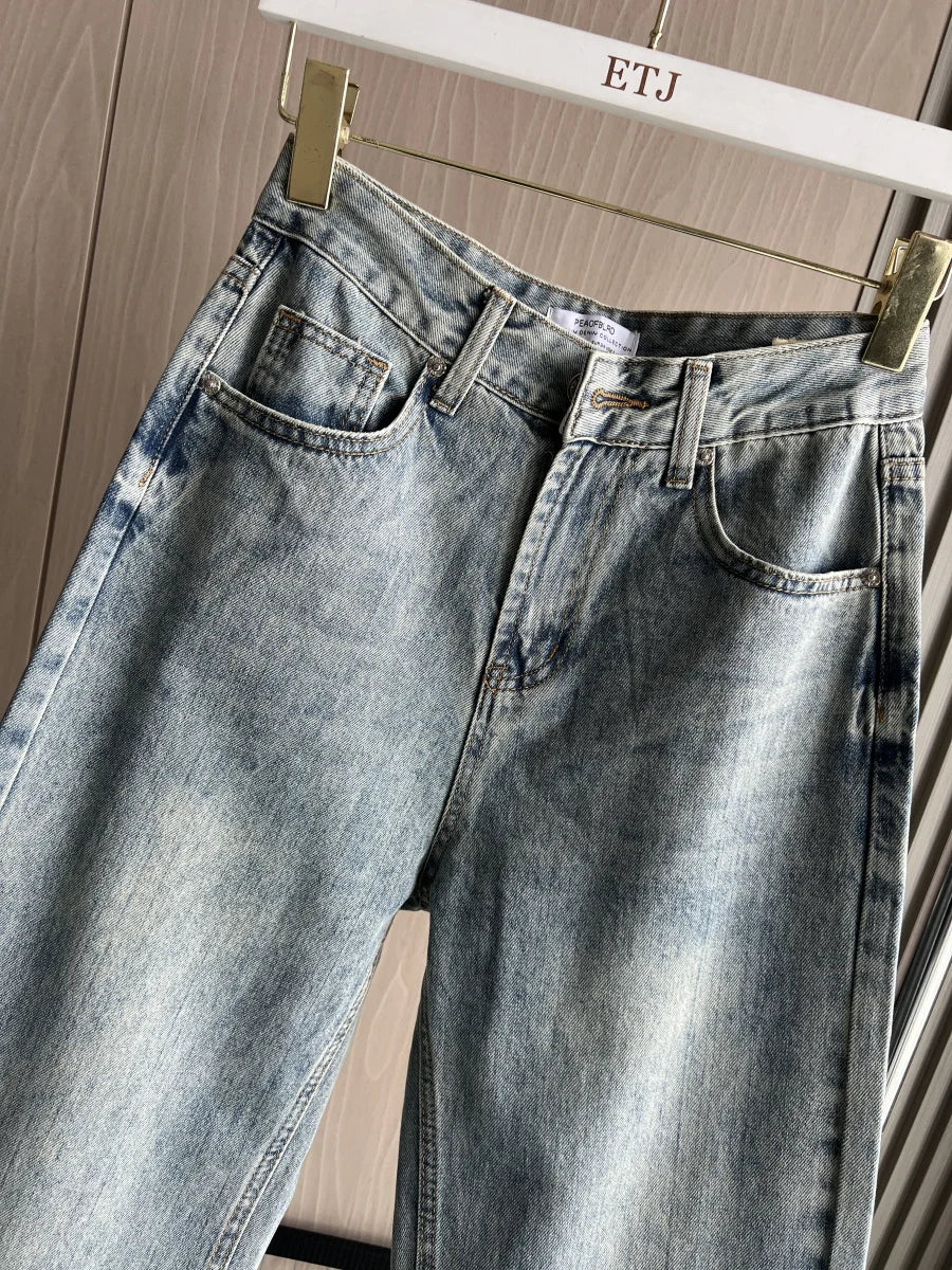 ETJ Wide-leg high-waisted jeans  women's classic everything with five pockets washed soft comfortable ultra-long jeans6045022