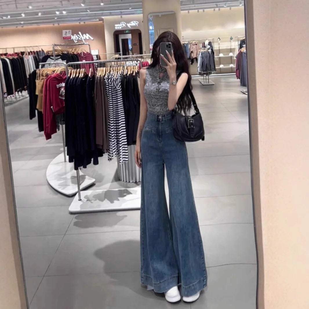 Blue Wide-leg Jeans for Women in Spring and Summer 2025 New High Waist Droop Loose Retro Big Horn Floor Trousers