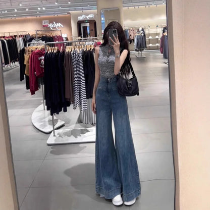 Blue Wide-leg Jeans for Women in Spring and Summer 2025 New High Waist Droop Loose Retro Big Horn Floor Trousers