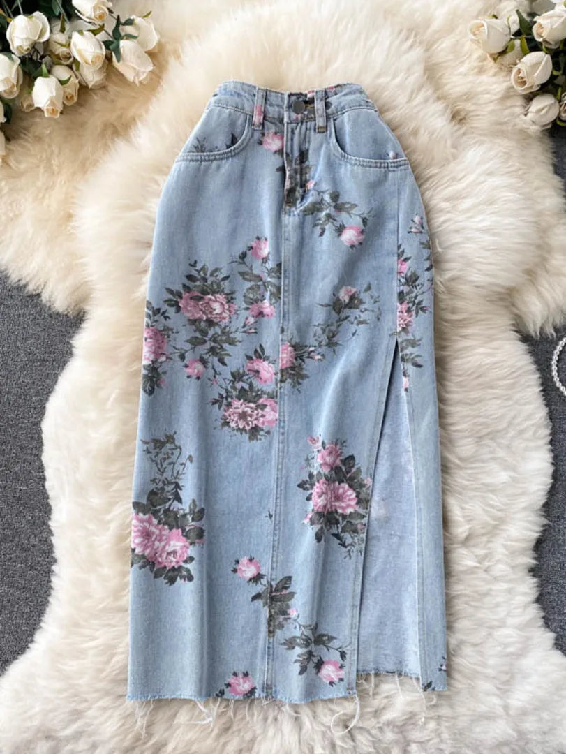 Flowers Print Jeans Women Vintage High Waist Denim Long Pants 2025 Fashion Autumn Casual Wide Leg Full Length Denim Trousers