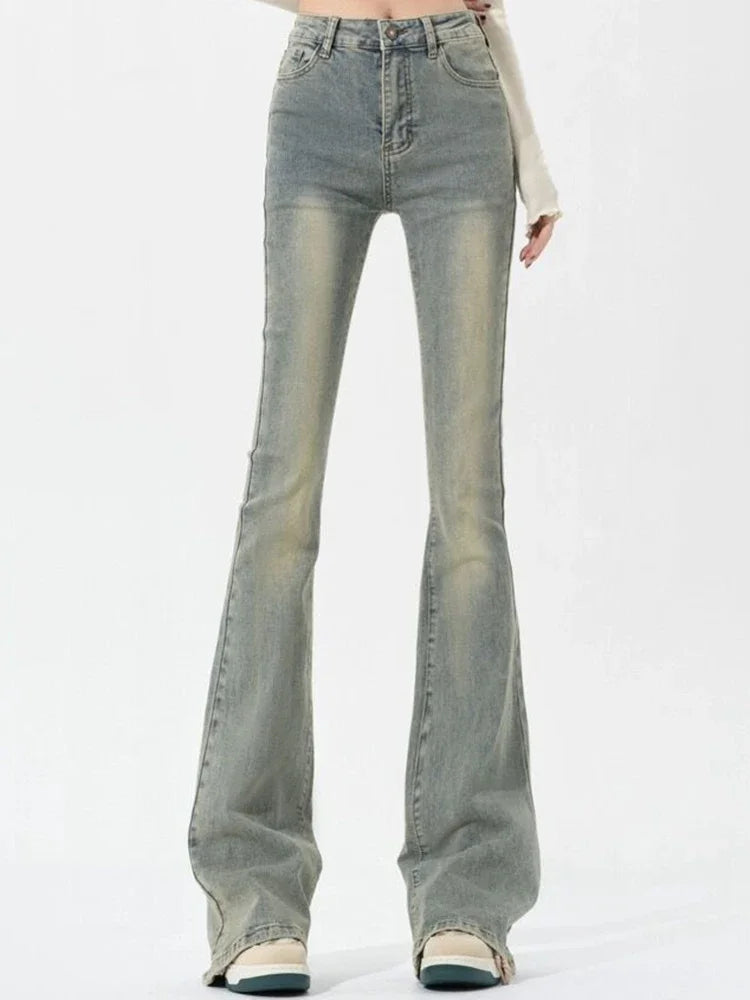 Ins Women Korean High Waist Flared Jeans Female High Street Boot Cut Pants Lady Y2k 2000s Yellow Denim Bell Bottom Trousers