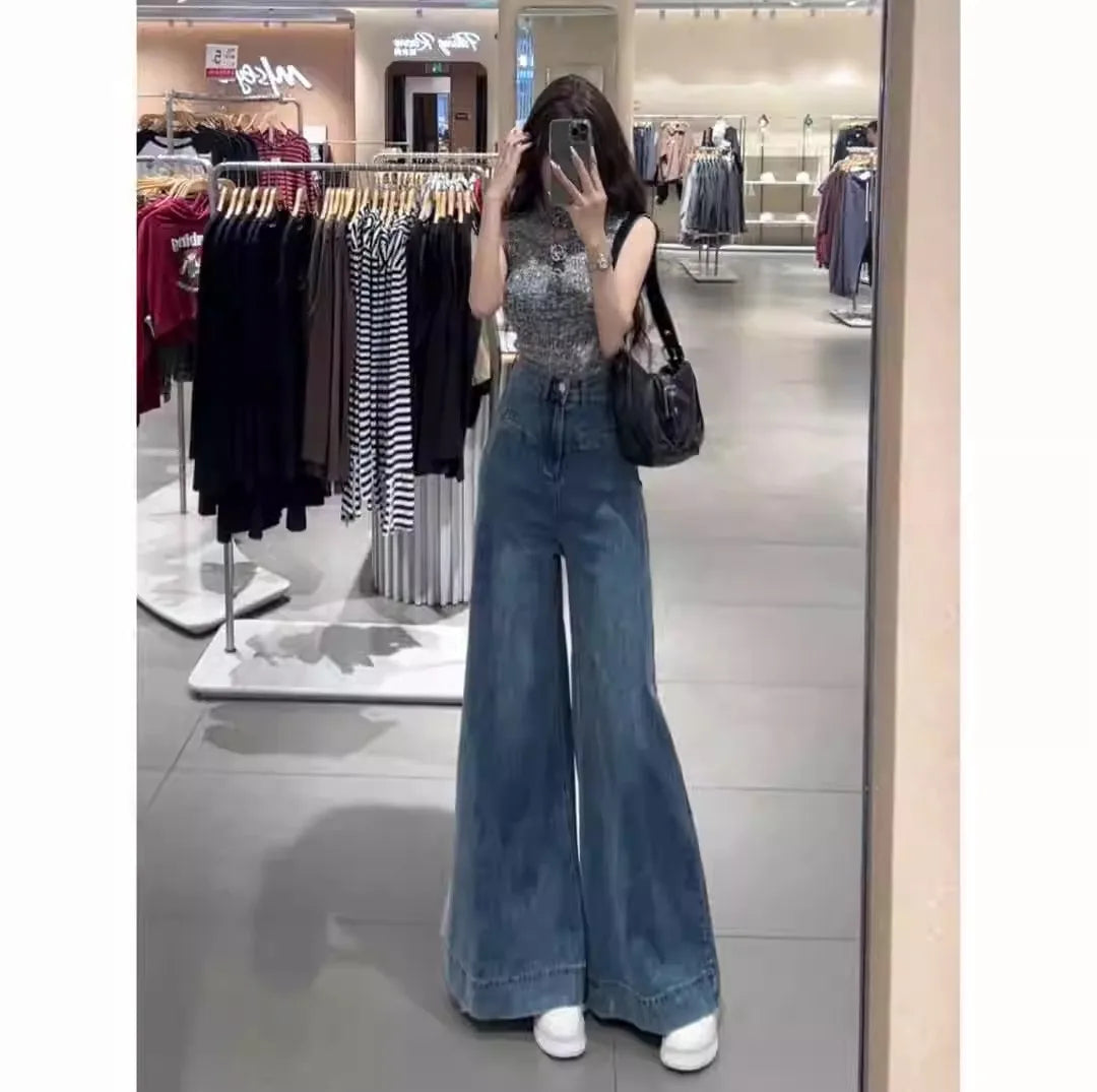 Blue Wide-leg Jeans for Women in Spring and Summer 2025 New High Waist Droop Loose Retro Big Horn Floor Trousers