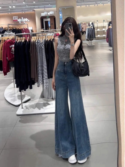 Blue Wide-leg Jeans for Women in Spring and Summer 2025 New High Waist Droop Loose Retro Big Horn Floor Trousers