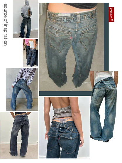 Vintage American-Style Washed Jeans for Women, Mid-Low Waist Design, Loose Wide-Leg, Height-Enhancing, Washed Blue Jeans, Paris Buckle Adjustable Three-Dimensional Arc-Shaped Knife-Cut Trousers