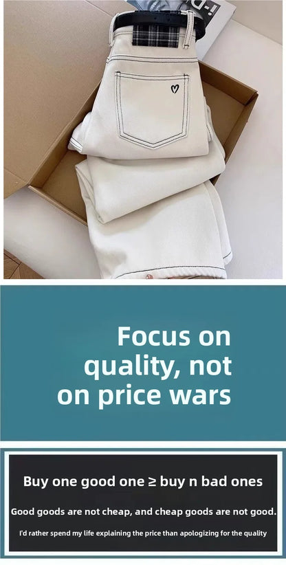 2025 Women's White Jeans High Waist Heart Embroidery Denim Pants Belted Casual Slim Fit Female Fashion Trousers