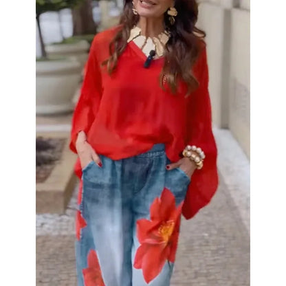 Casual Flower Printing Jeans For Woman 2025 Streetwear Wide-leg Pants Elastic Waist Pockets Denim Trousers Bottoms 179536