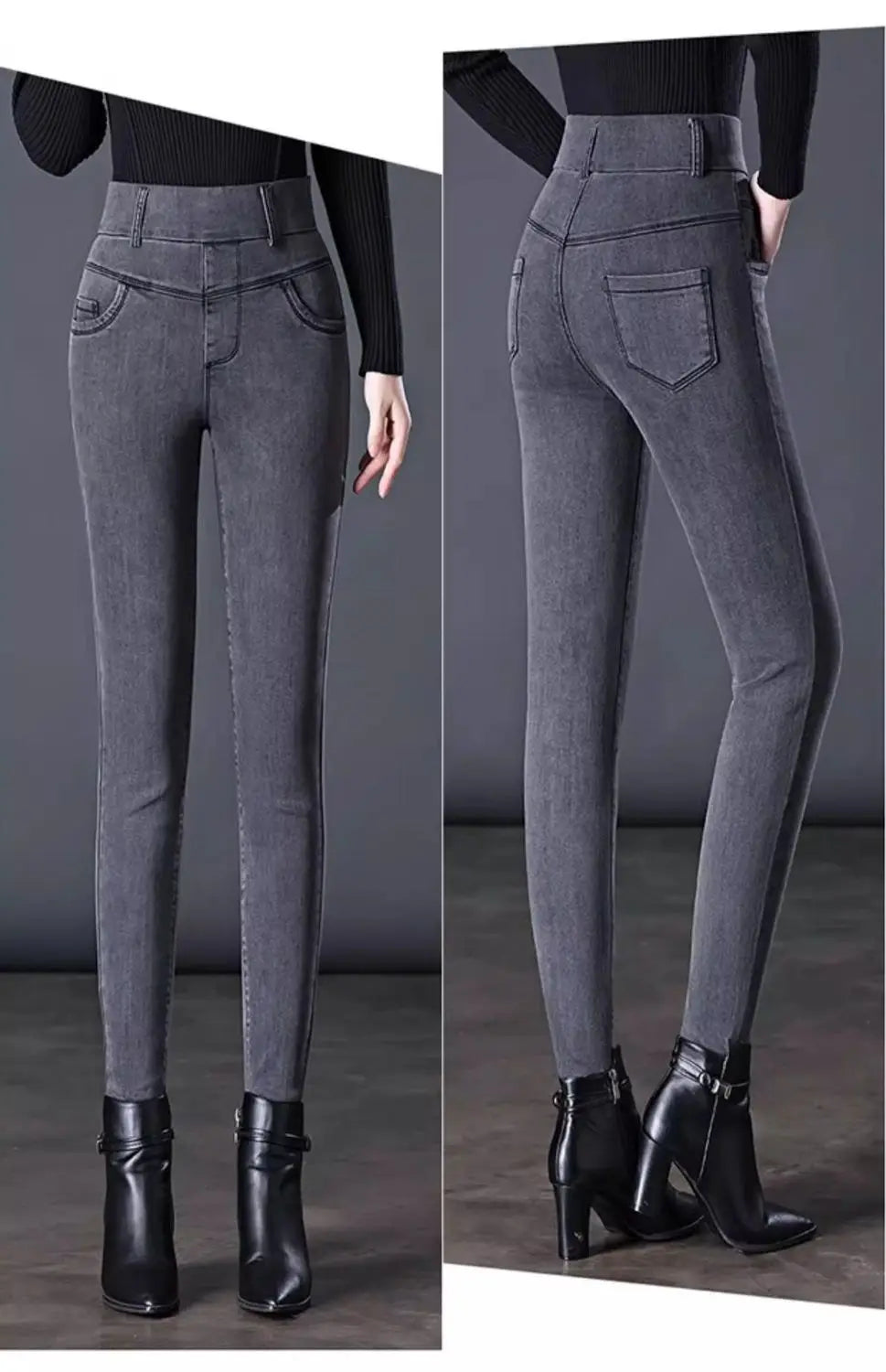 Elastic Waist Jeans Women New Fashion High-waist Stretch Pants Versatile Casual Pencil Solid-color Trousers