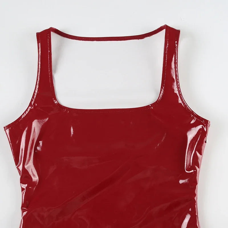 2025 Sexy Red Shiny Leather Mini Dresses Fashion Vintage Clubwear Sleeveless Clothing Bodycon HotSweet Women's Outfits