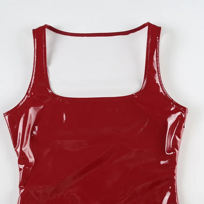 2025 Sexy Red Shiny Leather Mini Dresses Fashion Vintage Clubwear Sleeveless Clothing Bodycon HotSweet Women's Outfits