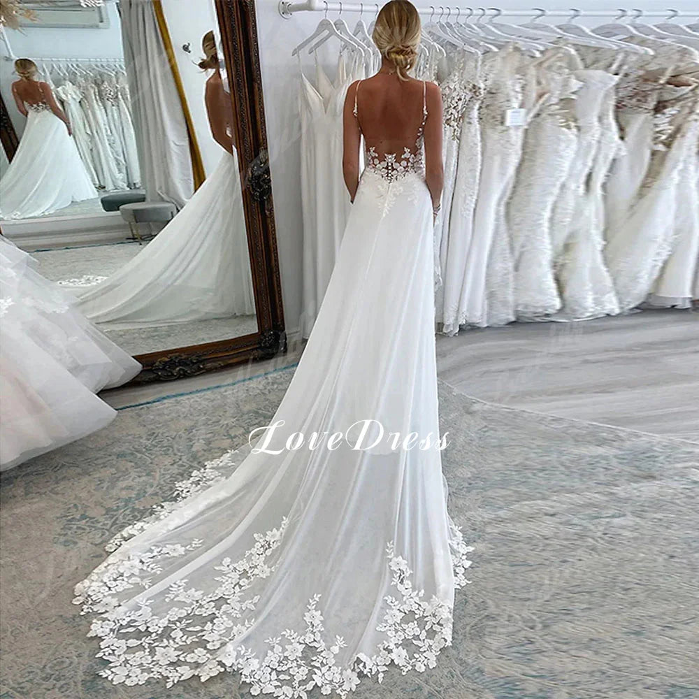 Customized Elegant Deep V Neck Wedding Dress 2025 Lace Appliques Backless A-Line Wedding Gown Sleeveless Tulle Vestido De Noiva
