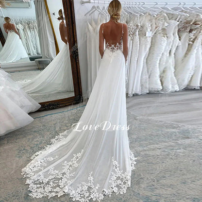 Customized Elegant Deep V Neck Wedding Dress 2025 Lace Appliques Backless A-Line Wedding Gown Sleeveless Tulle Vestido De Noiva