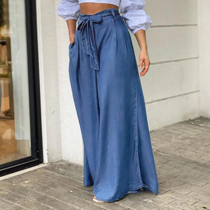 Elegant High Waist Jeans Women Denim Summer Wide-leg Pants Lace-up Solid Female Lage Size Street Casual Trousers Clothing