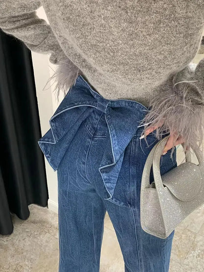 Women's Casual Bowknot Design Jeans Aesthetic Clothes Women Mid Waist Baggy Loose Trousers Fashion Ladies Denim Pants Streetwear