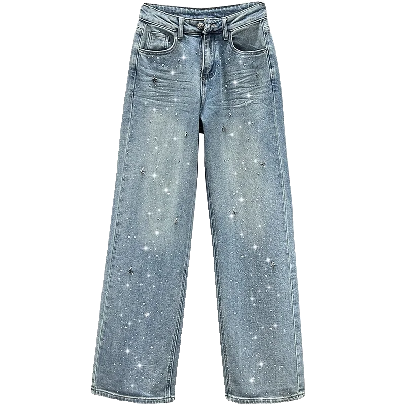 Fashion Women Blue Jeans High Waist Diamond Studded Straight Denim Pants Spring Summer Female Chic Trousers