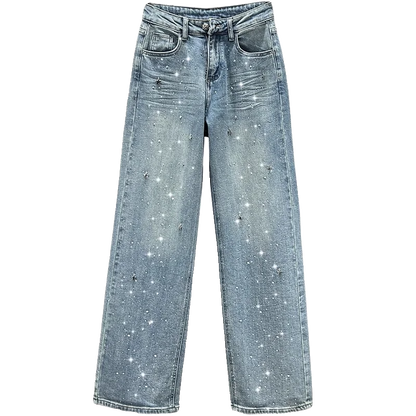 Fashion Women Blue Jeans High Waist Diamond Studded Straight Denim Pants Spring Summer Female Chic Trousers