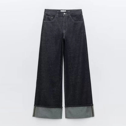 Women's New High-Waisted Jeans Slim High-Waisted Trailing Trousers Rolled Leg Loose Jeans Fashion Casual Wide-Leg Jeans