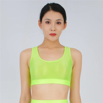 Women's Yoga Fitness Tops Sexy Candy Color UltraShort Crop Fashion Vest V Neck Oil Glossy Silky Smooth Elastic Tight Tanks Tees