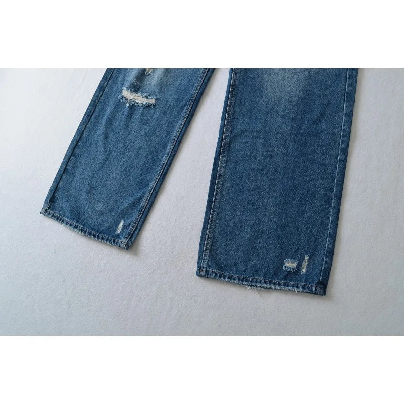Women's Destroyed Jeans 2025 Spring Summer High Waist Loose Leg Floor-Length Distressed Denim Vintage Daily Staple