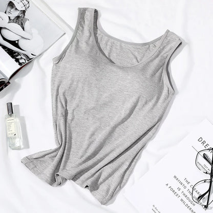 2023 Women's Vest Tops with Built In Bra Neck Vest Solid Color Padded Slim Fit Tank Tops Sexy Shirts Feminino Casual Tank Tops