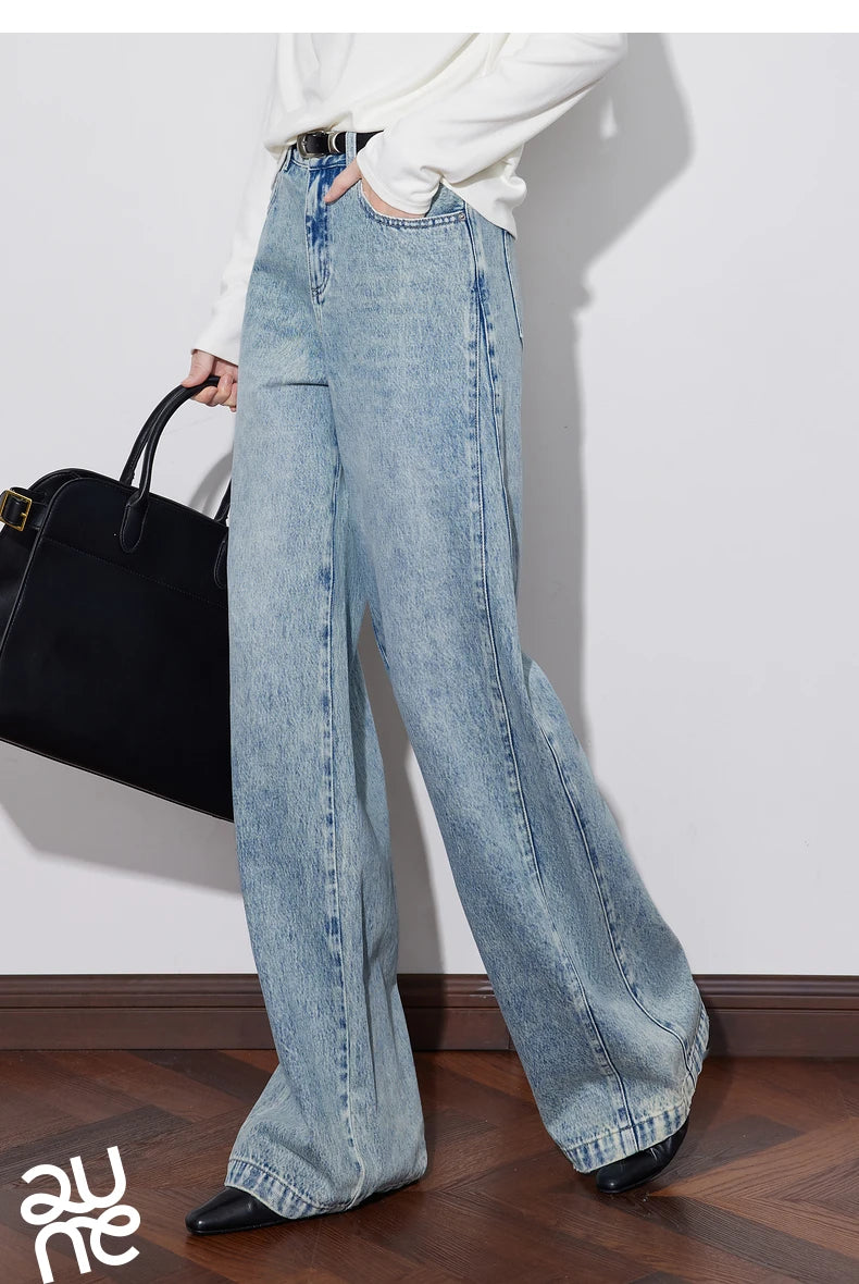TOYOUTH Women Denim Jeans 2024 Autumn Winter New Mide Waist Straight Wide Leg Long Pants