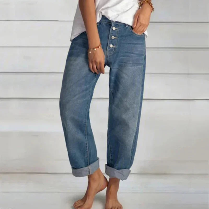 New Women Versatile Simple Denim Pants High Waist Single-breasted Splicing Straight Jeans Female Loose Casual Washable Trousers