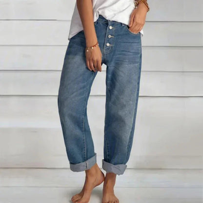 New Women Versatile Simple Denim Pants High Waist Single-breasted Splicing Straight Jeans Female Loose Casual Washable Trousers