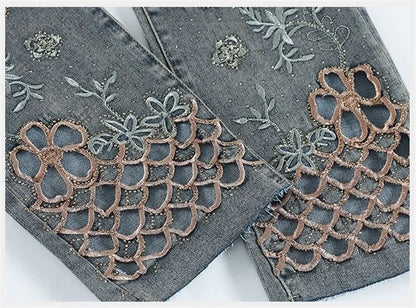 2025 Summer New Fashion Hollow Embroidered Jeans For Women Heavy Industry High Waist Slim Ankle-Length Pants Ladies Denim Pants