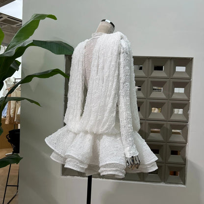 Chic Sheer Three Pieces Mini Dresses For Women Sexy O Neck Long Sleeve Tops Shorts Celebrity See Through Birthday Luxury Outfit