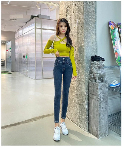 New Women's High Waist Stretch Jeans Blue Black Gray Fashionable and Versatile Multi-button Popular Slim Denim Long Pants Female