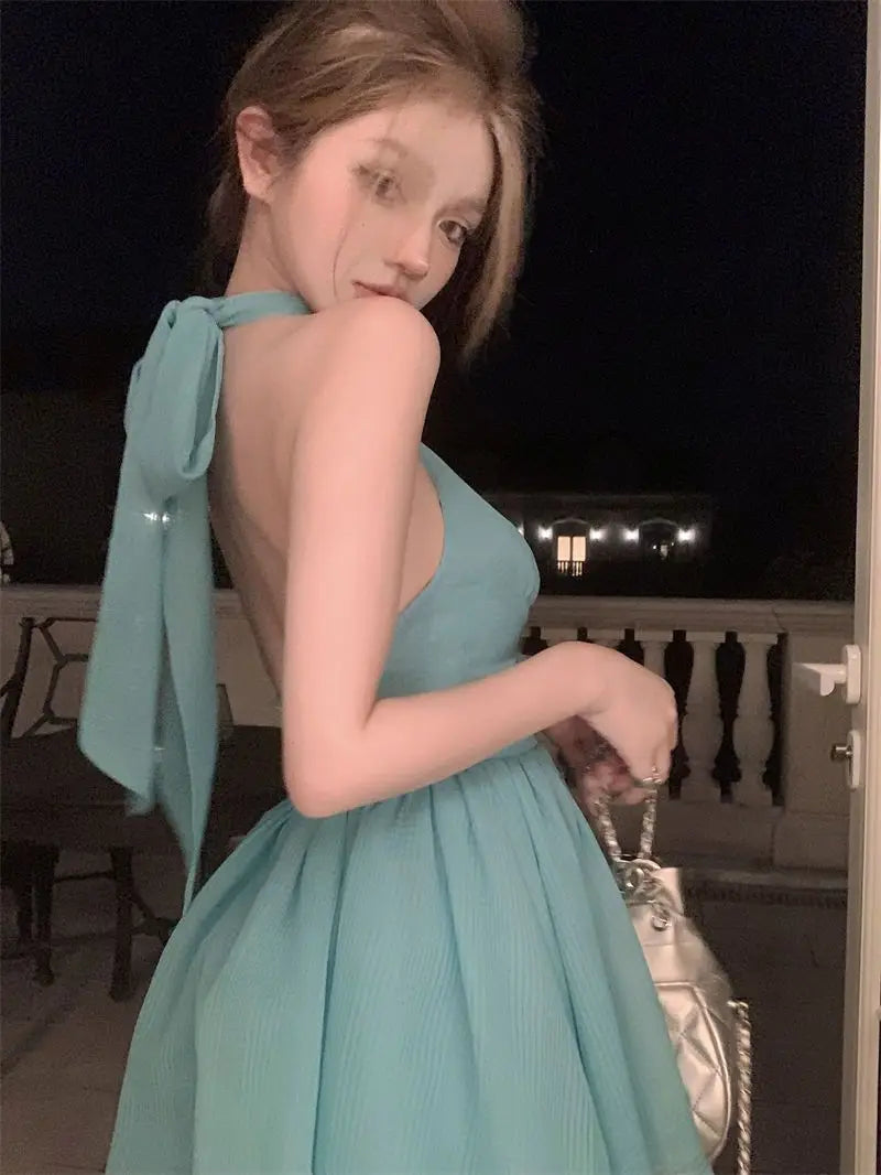 Women Sexy Halter Mini Dress Elegant A-line Puffy Hem Slim Fit Backless Ruffle Sleeveless Summer Party Vacation Wedding Outfit
