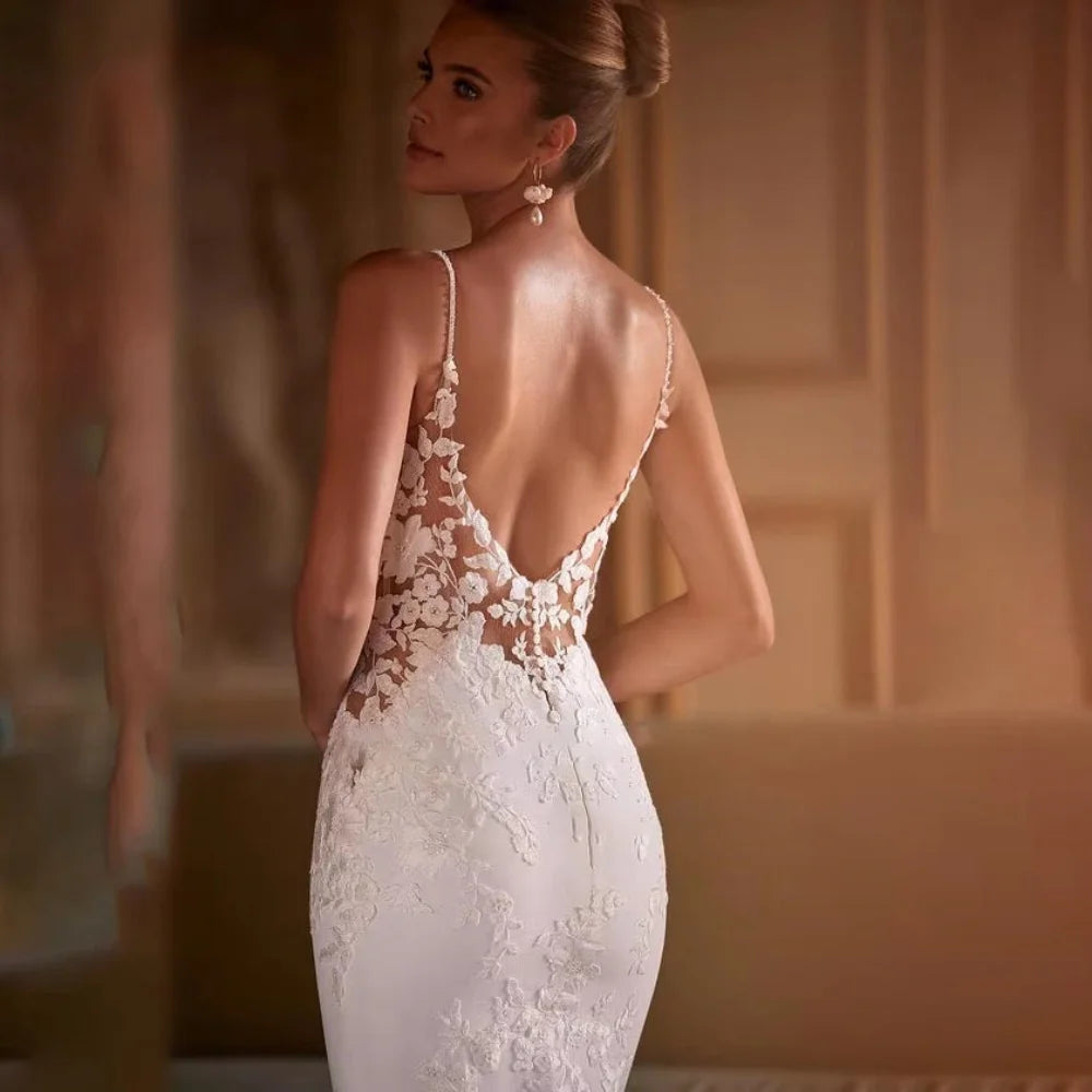 Enternity Fashionable V-neck Wedding Gown For Bride Spaghetti Strap Court Train Lace Applique Vestido De Novia Customized