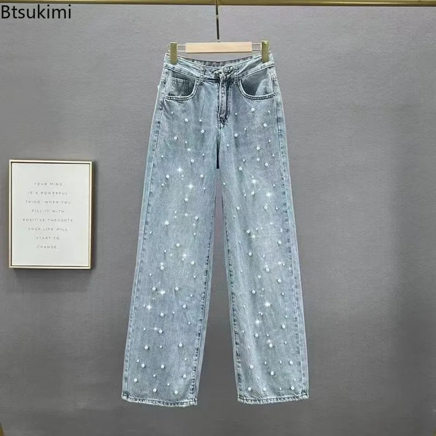 New 2026 Women's Jeans Pants Beading High Waist Casual Straight Pants for Women Streetwear Elegant Splice Denim Female Trousers