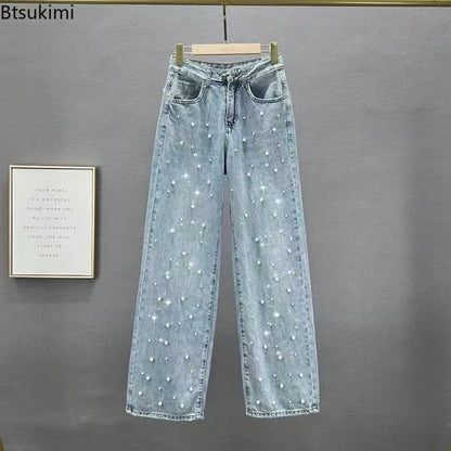 New 2026 Women's Jeans Pants Beading High Waist Casual Straight Pants for Women Streetwear Elegant Splice Denim Female Trousers