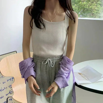 2025 Spring Women Crop Tops Strapy Casual Camis Sleeveless Tank Tops Cute Casual Tops Plain Camis Square Tops for Women Korean