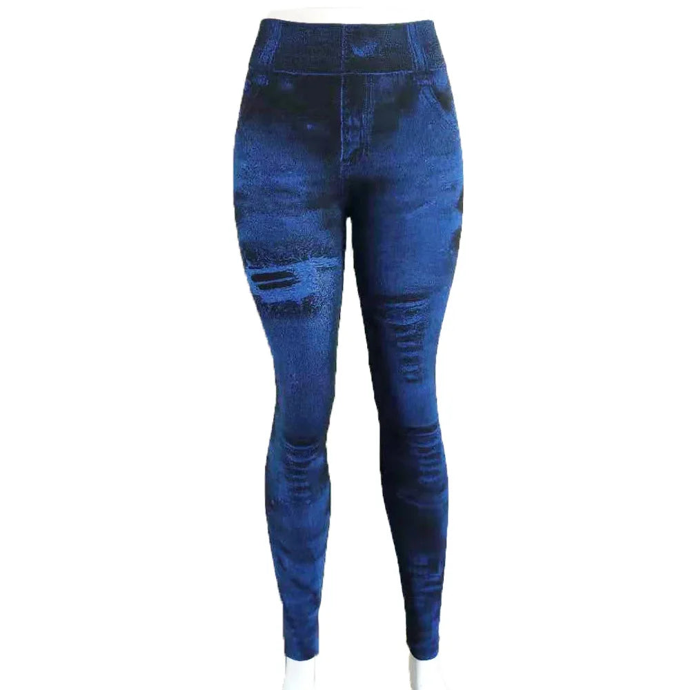 Women Imitation Distressed Denim Jeans Leggings High Waist Pants Fitness Slim Legg Mujer 2022 Sport Push Up Leggings for Women