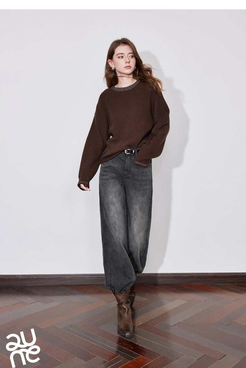 TOYOUTH Women Denim Jeans 2024 Autumn Winter New Mide Waist Straight Wide Leg Long Pants