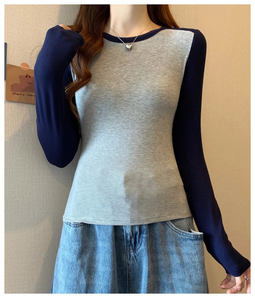 Spring Autumn Tops for Women Tshirt Turn Down Collar Long Sleeve Beige Blue Chic Y2k Fashion Patchwork 2025 T Shirts